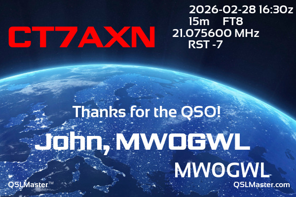 QSL Master Card for MW0GWL QSO with CT7AXN