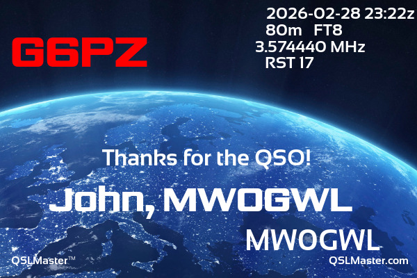 QSL Master Card for MW0GWL QSO with G6PZ