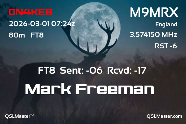 QSL Master Card for M9MRX QSO with ON4KEB