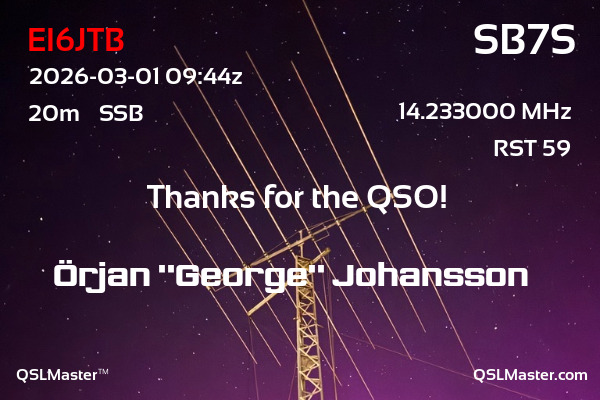 QSL Master Card for SB7S QSO with EI6JTB