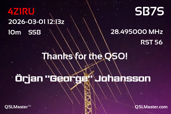 QSL Master Card for SB7S QSO with 4Z1RU