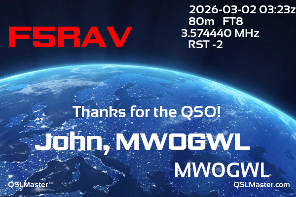 QSL Master Card for MW0GWL QSO with F5RAV
