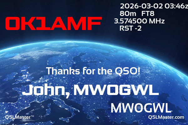 QSL Master Card for MW0GWL QSO with OK1AMF