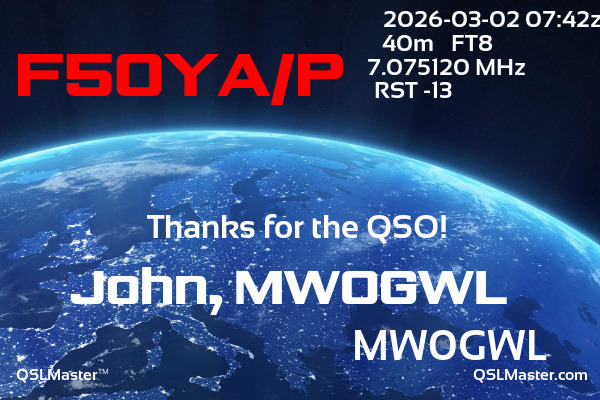 QSL Master Card for MW0GWL QSO with F5OYA/P