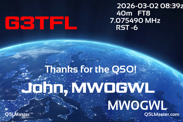 QSL Master Card for MW0GWL QSO with G3TFL