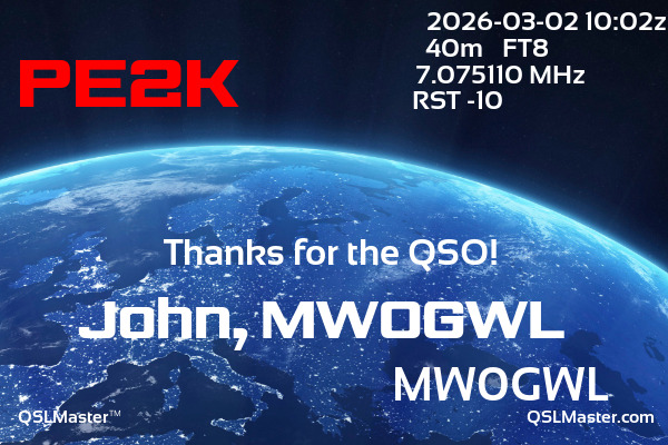 QSL Master Card for MW0GWL QSO with PE2K