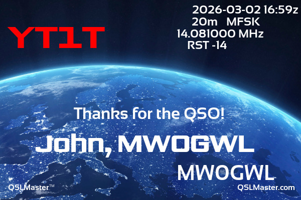 QSL Master Card for MW0GWL QSO with YT1T