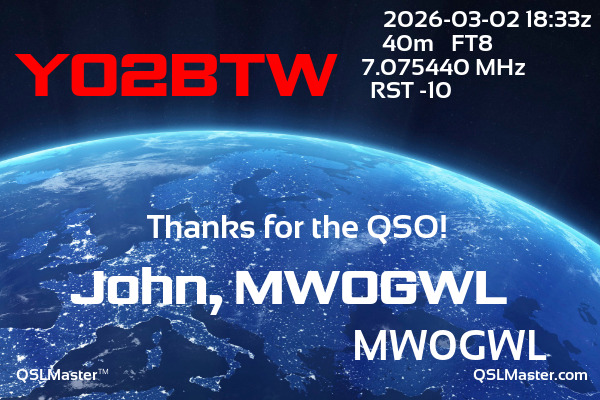 QSL Master Card for MW0GWL QSO with YO2BTW