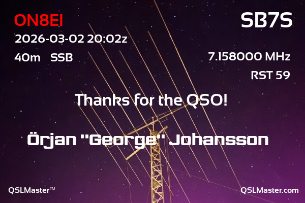 QSL Master Card for SB7S QSO with ON8EI