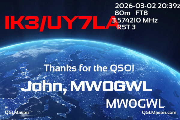 QSL Master Card for MW0GWL QSO with IK3/UY7LA