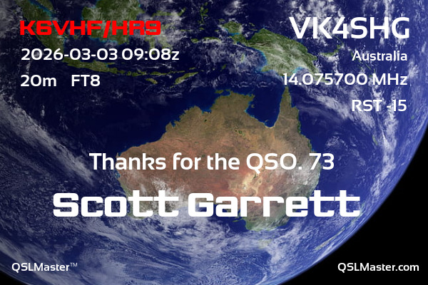 QSL Master Card for VK4SHG QSO with K6VHF/HR9