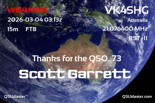 QSL Master Card for VK4SHG QSO with WB4MNK