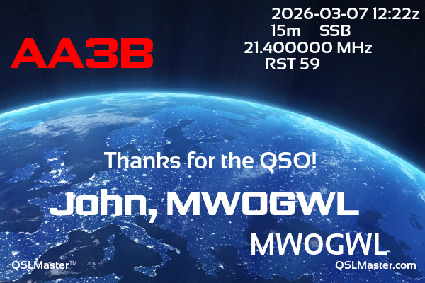 QSL Master Card for MW0GWL QSO with AA3B