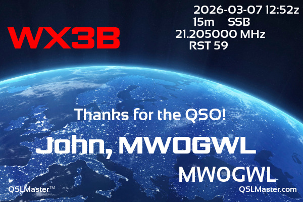 QSL Master Card for MW0GWL QSO with WX3B