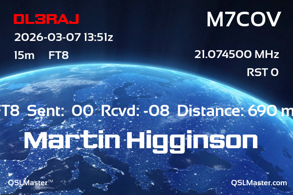 QSL Master Card for M7COV QSO with DL3RAJ