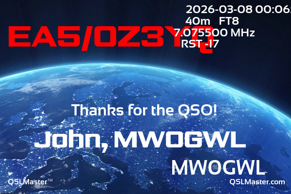QSL Master Card for MW0GWL QSO with EA5/OZ3YQ