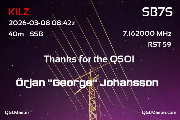 QSL Master Card for SB7S QSO with K1LZ