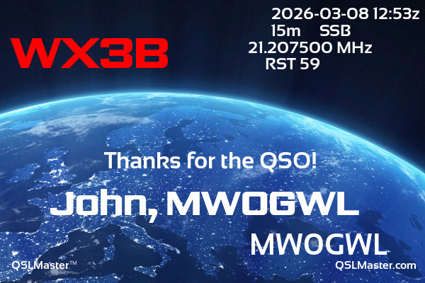 QSL Master Card for MW0GWL QSO with WX3B