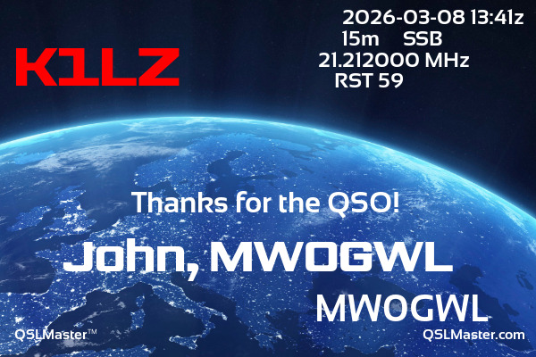 QSL Master Card for MW0GWL QSO with K1LZ