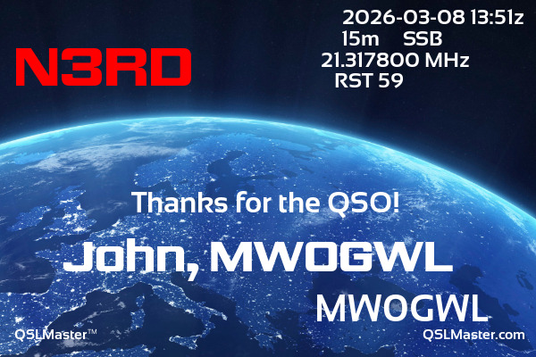 QSL Master Card for MW0GWL QSO with N3RD