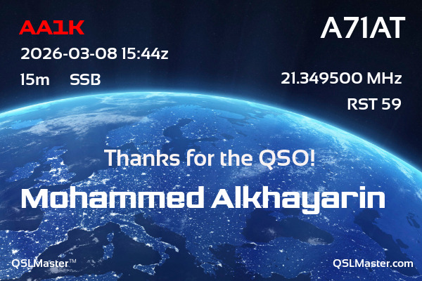 QSL Master Card for A71AT QSO with AA1K