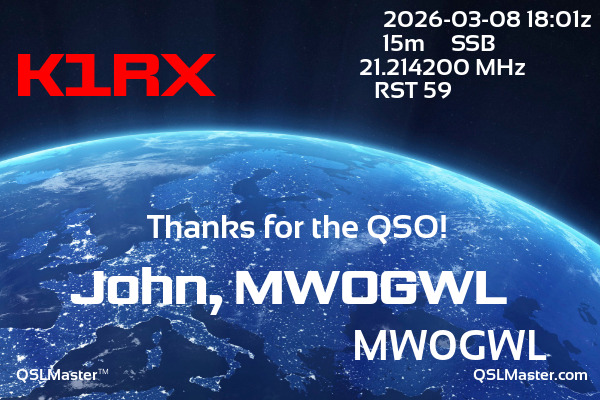 QSL Master Card for MW0GWL QSO with K1RX