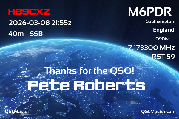 QSL Master Card for M6PDR QSO with HB9CXZ