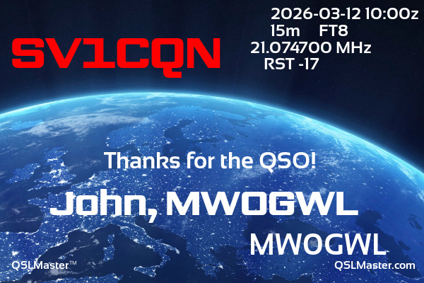 QSL Master Card for MW0GWL QSO with SV1CQN