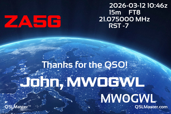 QSL Master Card for MW0GWL QSO with ZA5G
