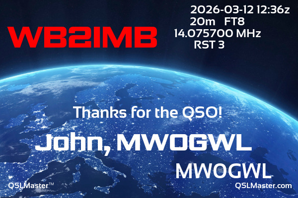 QSL Master Card for MW0GWL QSO with WB2IMB