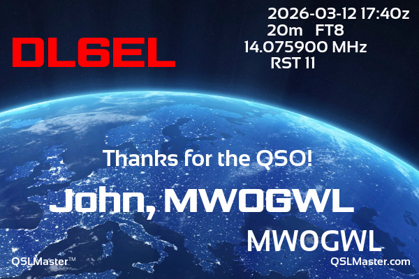 QSL Master Card for MW0GWL QSO with DL6EL