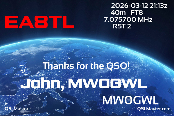 QSL Master Card for MW0GWL QSO with EA8TL