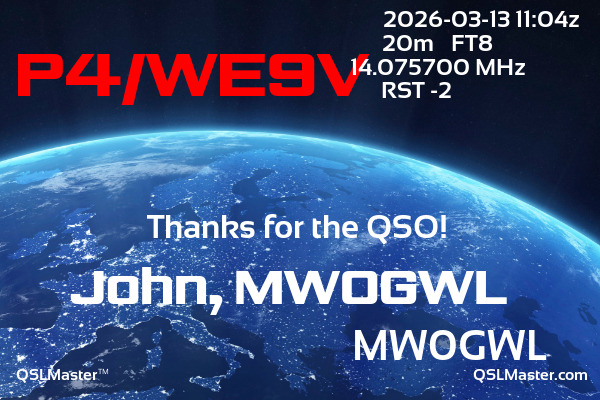 QSL Master Card for MW0GWL QSO with P4/WE9V