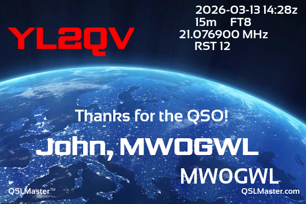QSL Master Card for MW0GWL QSO with YL2QV