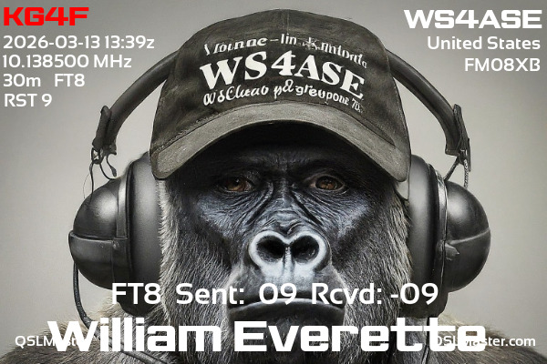 QSL Master Card for WS4ASE QSO with KG4F