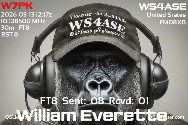 QSL Master Card for WS4ASE QSO with W7PK