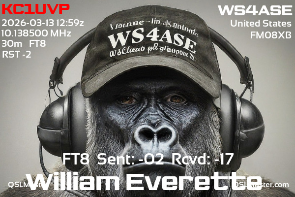 QSL Master Card for WS4ASE QSO with KC1UVP