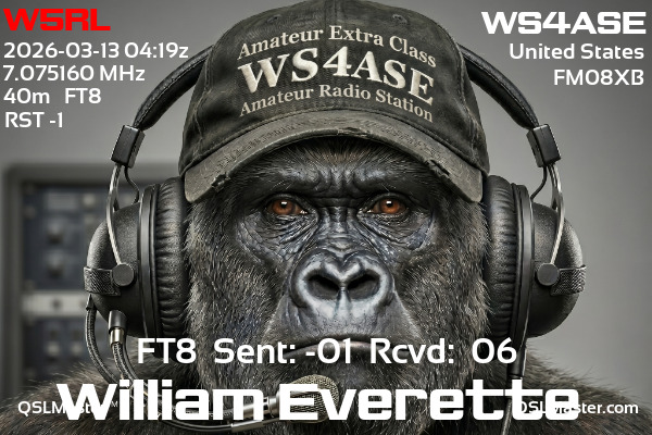 QSL Master Card for WS4ASE QSO with W5RL