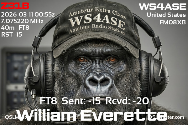 QSL Master Card for WS4ASE QSO with Z31B
