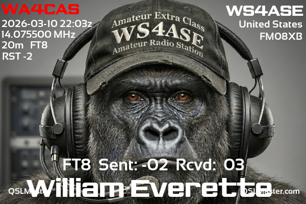 QSL Master Card for WS4ASE QSO with WA4CAS
