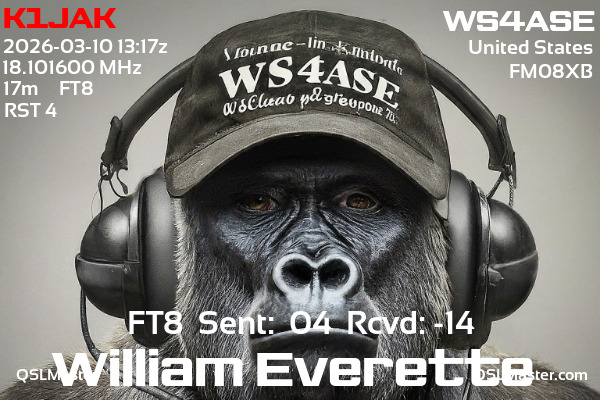 QSL Master Card for WS4ASE QSO with K1JAK