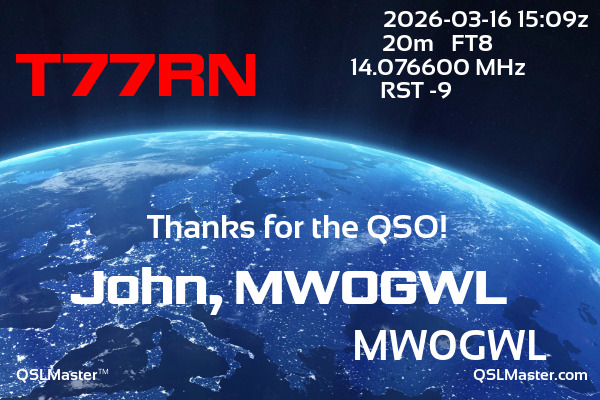 QSL Master Card for MW0GWL QSO with T77RN