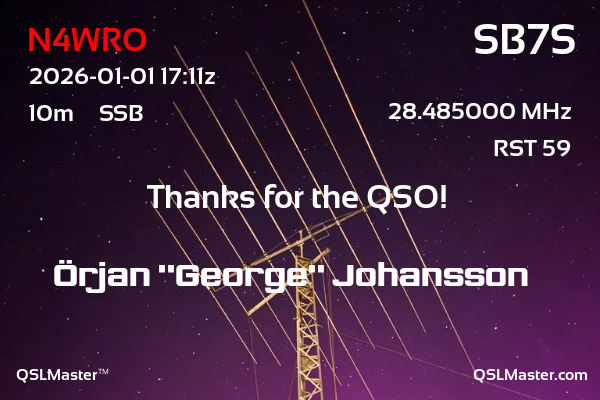 QSL Master Card for SB7S QSO with N4WRO