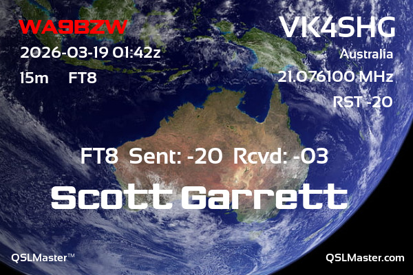 QSL Master Card for VK4SHG QSO with WA9BZW