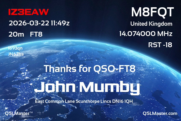 QSL Master Card for M8FQT QSO with IZ3EAW