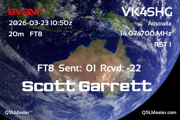 QSL Master Card for VK4SHG QSO with BV2NF