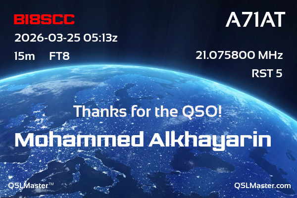 QSL Master Card for A71AT QSO with BI8SCC