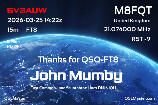 QSL Master Card for M8FQT QSO with SV3AUW