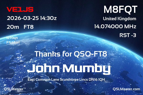 QSL Master Card for M8FQT QSO with VE1JS