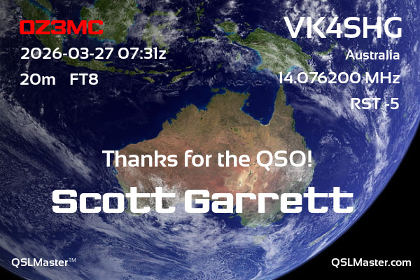 QSL Master Card for VK4SHG QSO with OZ3MC